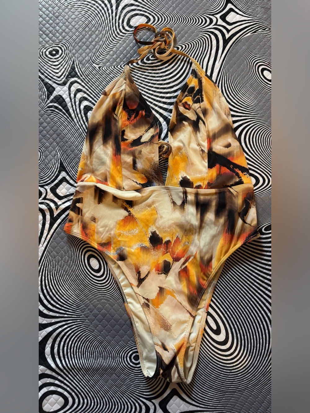 Abstract Print One-Piece Swimsuit in Yellow & Black